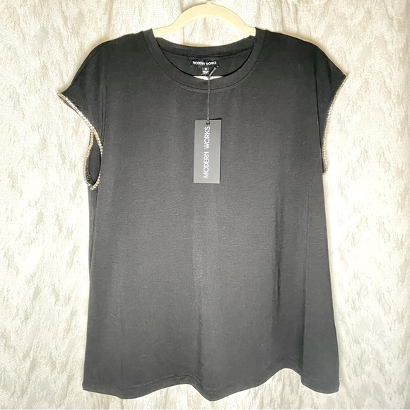 Modern Works Black Tee Rhinestone Sleeves 💎 - Picture 1 of 5